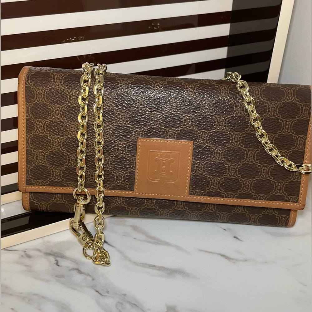 Celine Brown and Gold Clutch with Chain Strap - Picture 2 of 11